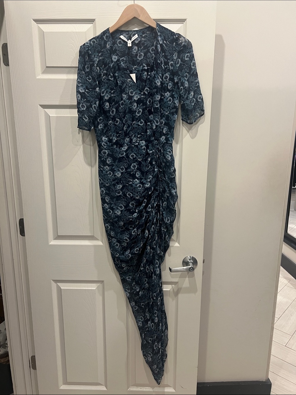 Veronica Beard Navy Floral Asymmetrical Ruched Wrap Dress